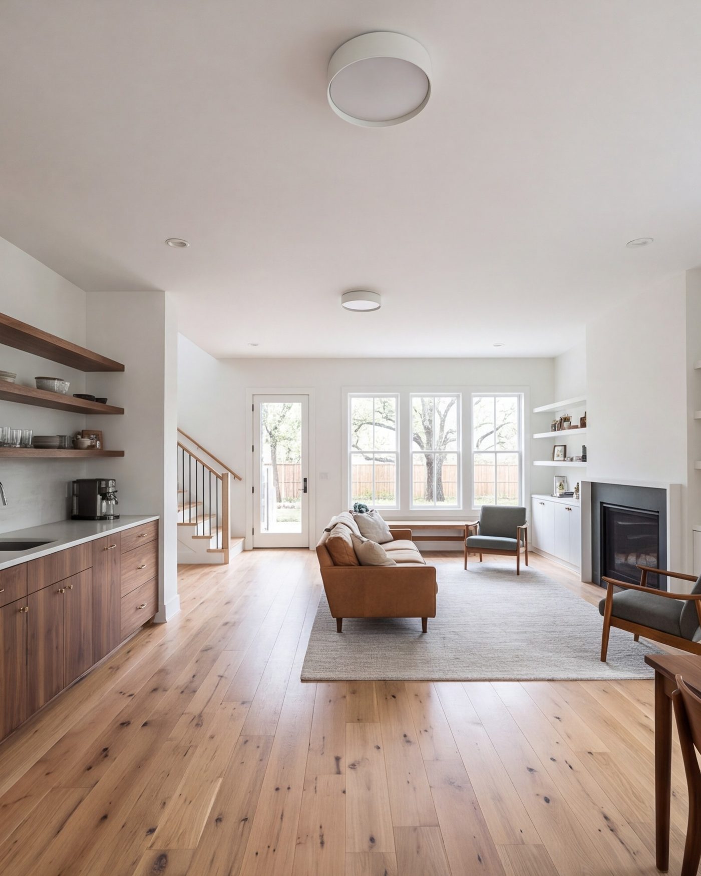 Riverside remodeled house interior, kitchen flowing into the living room