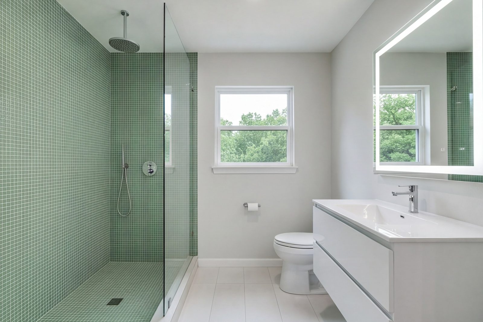 Downtown Fort Worth bathroom with a frameless glass shower and large wall tile