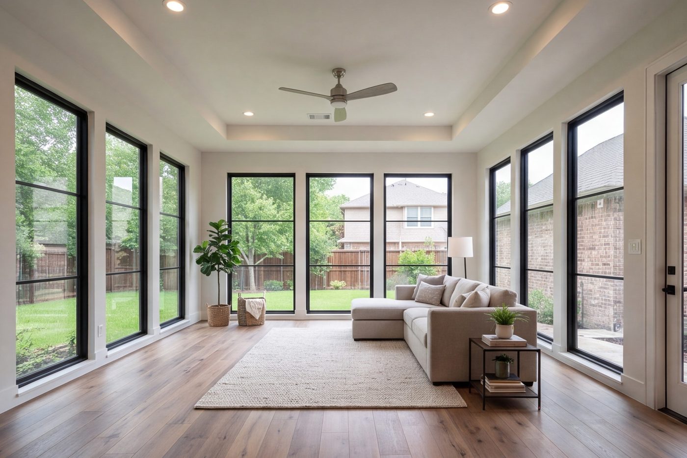 New room addition off the back of a Fort Worth house with tall windows and the yard beyond