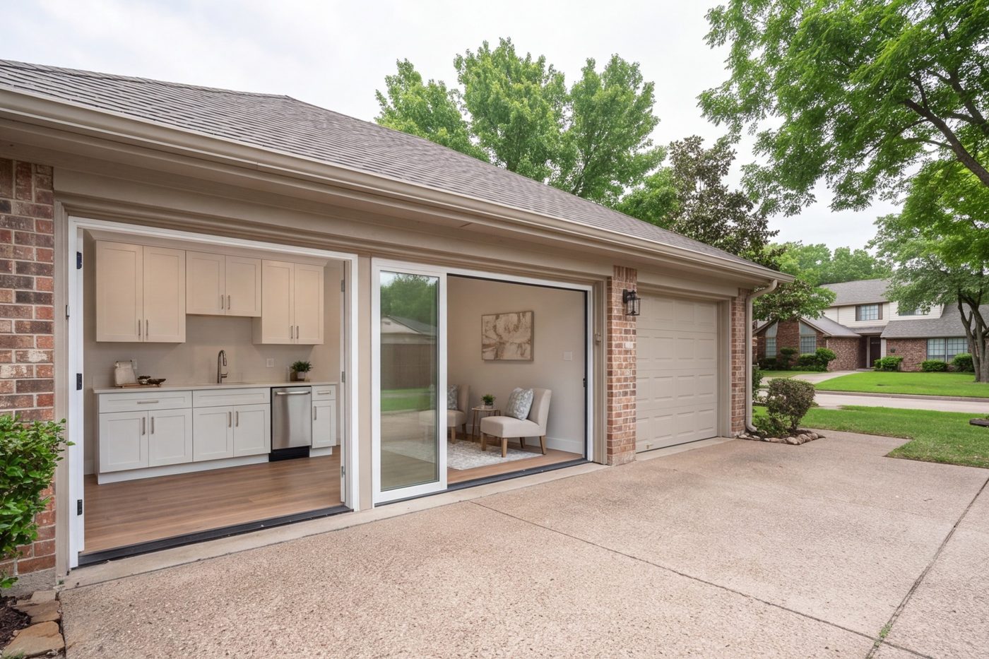 Garage converted into a small apartment with its own kitchen, seen from the driveway