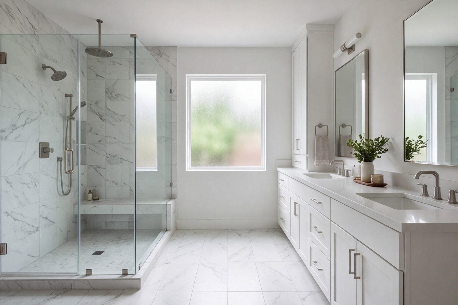 Wide view of a remodeled bathroom with a glass walk-in shower, double vanity and large tile floor