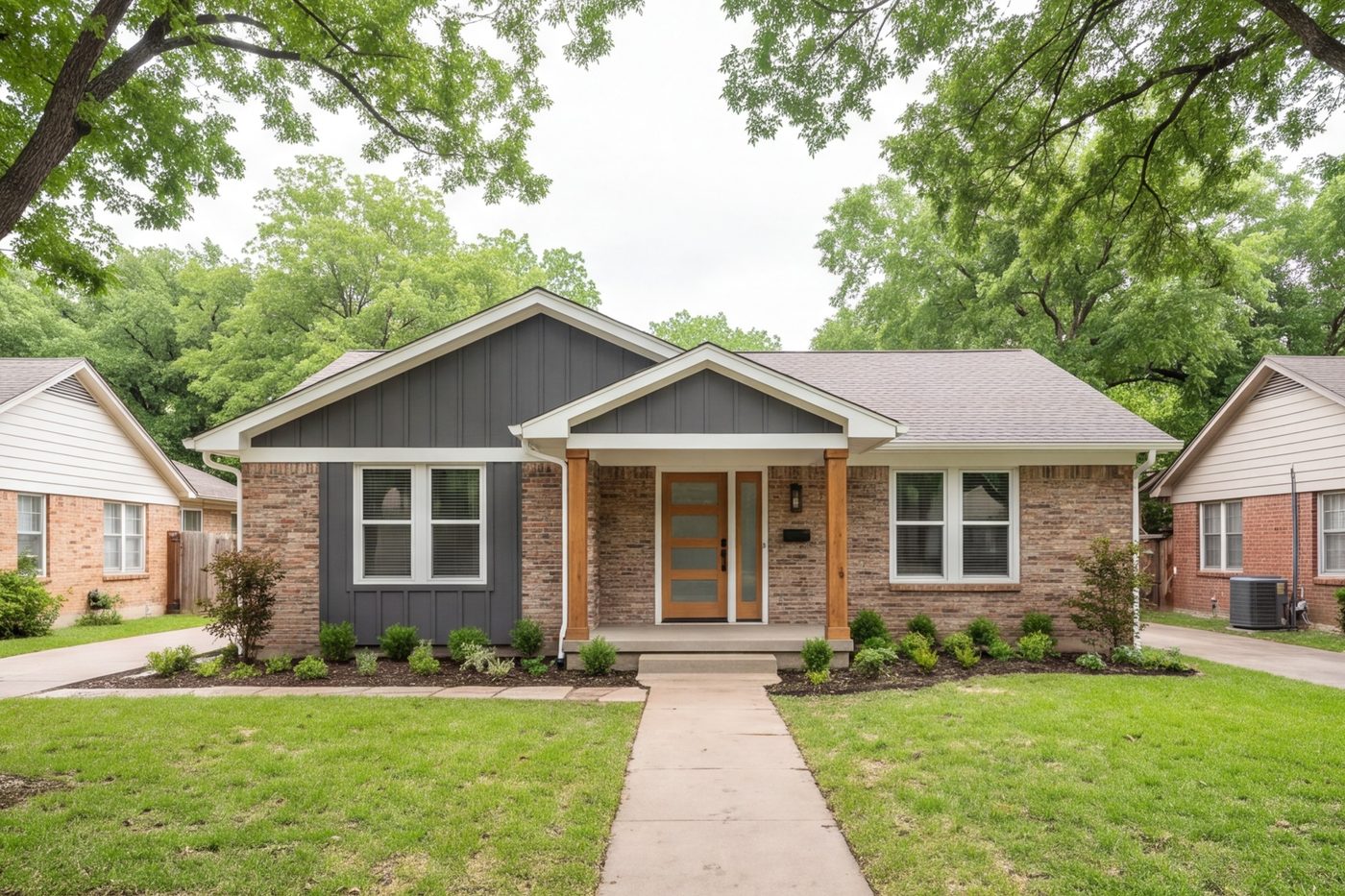 Street view of an older brick house with new siding, paint and a clean modern entry