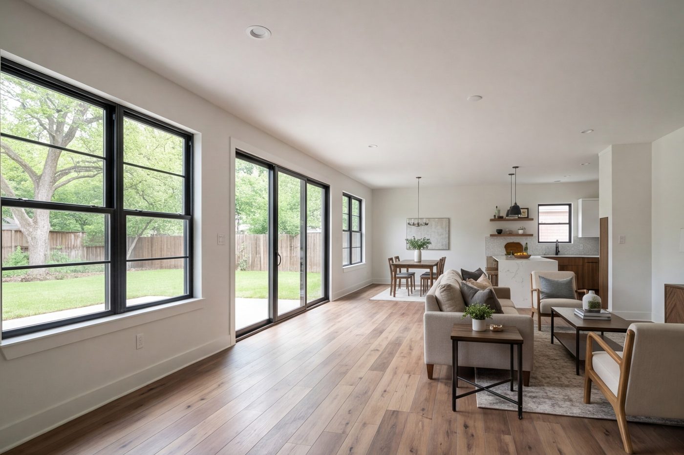 Living room with new large windows and a wide patio door letting in daylight